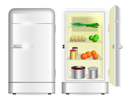 Front view of a retro refrigerator and opened refrigeratorのイラスト素材
