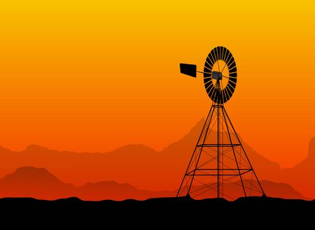 silhouette of a water pumping old windmill, windmill water tower at the desertのイラスト素材