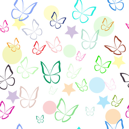 Seamless pattern with colorful hand drawn outline butterflies. Spring summer background. Vector illustrationのイラスト素材