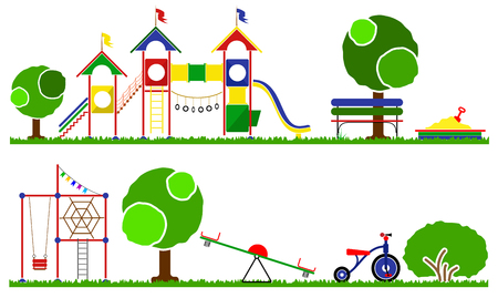 Kids playground color set. Icons with kids swings and objects. Swings, roundabouts trees and the children s playground grass.のイラスト素材