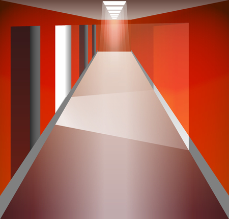 Red Corridor and doors. Light at the end. The light from the doorway. Fixtures. There is an exit.のイラスト素材