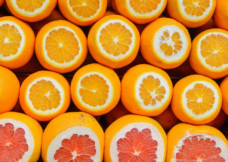 cut Orange and grapefruit rings as backgroundの写真素材