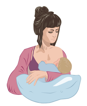 Feminine mother breastfeeding infant baby child lulling little boy asleep on the cozy nursing pillow like in cradle.のイラスト素材