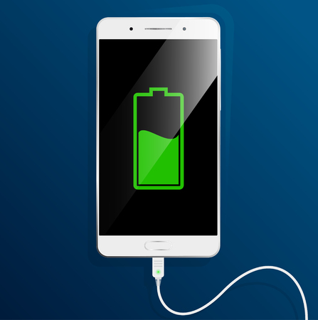 White smart phone is charging. The cable is connected to the phone. battery Display screen.のイラスト素材