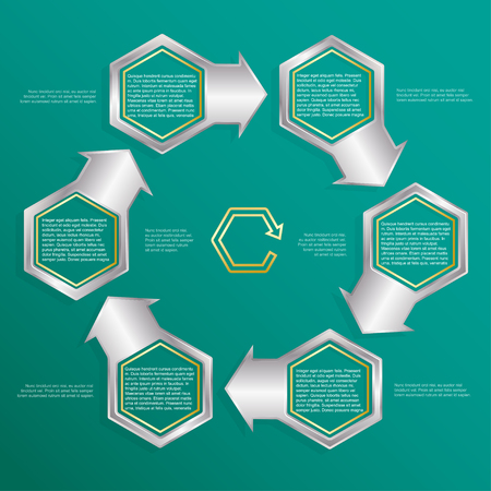 Metallic frames. Six hexagonal frames for text or infographics. Description of the process, the sequence of actions.のイラスト素材