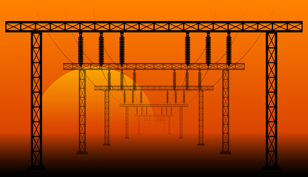 Vector landscape high voltage power transmission lines. Warm sunset or sunrise.のイラスト素材