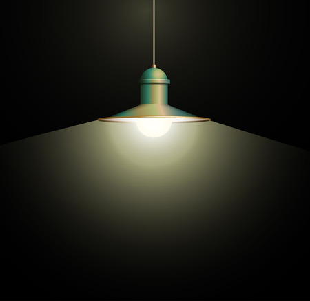 Ancient bronze lamp hanging on the wire. Big and empty space illuminated on the dark wall. Vector illustration of lighting.のイラスト素材