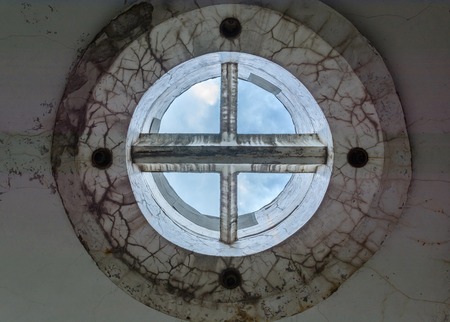 strange and futuristic concrete round shape design on the ceiling. The windows without glass.の写真素材