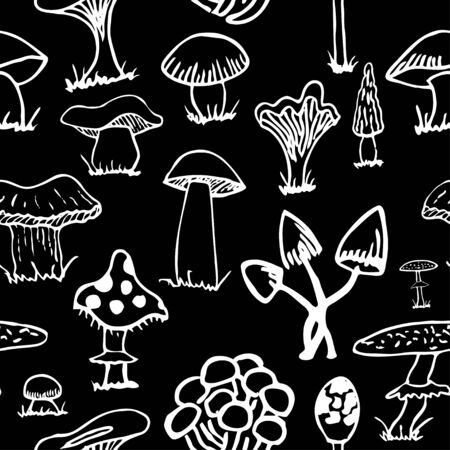 Set of white silhouettes of cute cartoon mushrooms .のイラスト素材