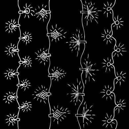 Christmas tile background with electric lamp garland. Seamless New Years party pattern. Decorative warping paper with glowing bulbs garland. Vector illustrated holiday backdropのイラスト素材