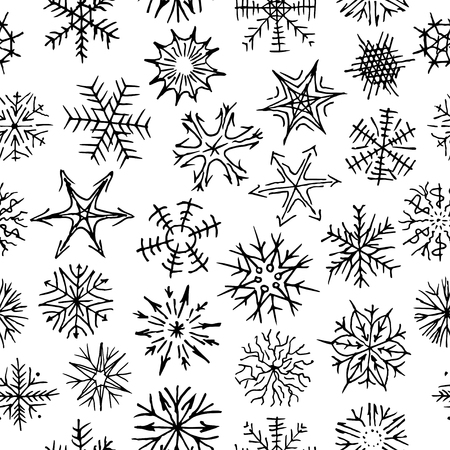 Many different shapes of snowflakes. Drawn by hand. Black and white illustration. iconsのイラスト素材