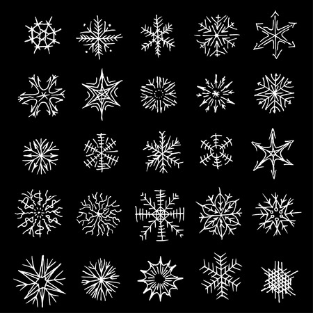 Many different shapes of snowflakes. Drawn by hand. Black and white illustration. iconsのイラスト素材