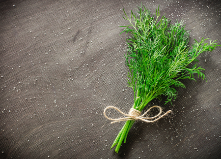 A bunch of fresh dill on dark wood background. Empty space for text.の写真素材