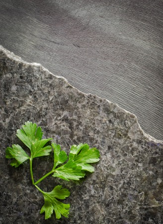 parsley leaves on a dark polished stone with an irregular fracture. Against the background of ebony Top view, space for textの写真素材