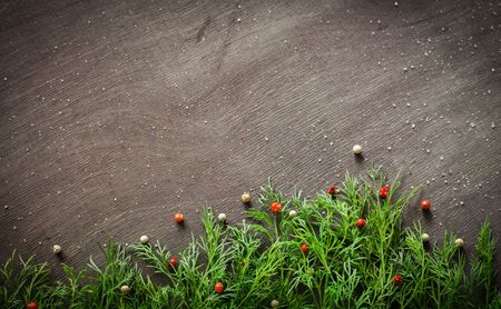 Dill located as the grass on a dark wooden background. Fresh ingredients in the kitchen. On dark background.の写真素材
