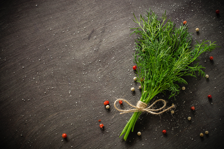 A bunch of fresh dill on dark wood background. Empty space for text.の写真素材