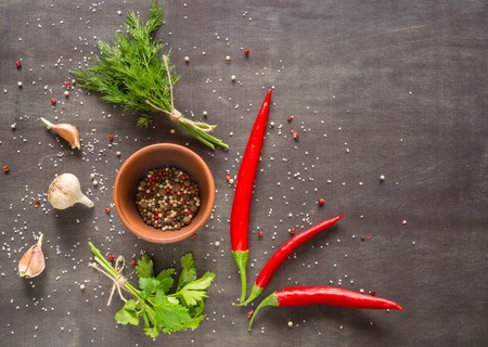 Parsley dill pepper and garlic in a dark wooden table. View from above. Space for text.の写真素材