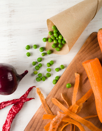 mixed vegetables on white wooden background. Copy space.の写真素材