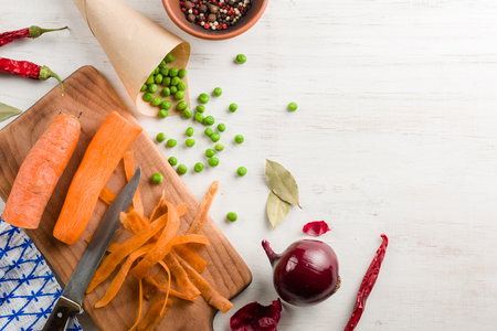 mixed vegetables on white wooden background. Copy space.の写真素材