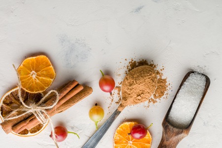 Cocoa powder in a spoon with cinnamon and dry sitrus. A high key. Place for the text.の写真素材