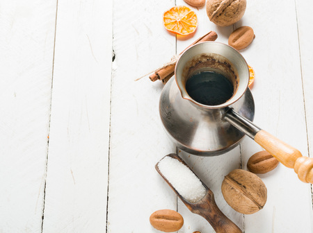 Morning tea with fruit and candied fruit. White wooden background and place for text.の写真素材