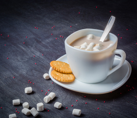 White cup on a saucer with hot cocoa. Morning breakfast. Dark wooden background. Space for text.の写真素材