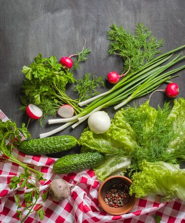 Variety of vegetables on a black wooden table with a red checkered cloth. View from above.の写真素材