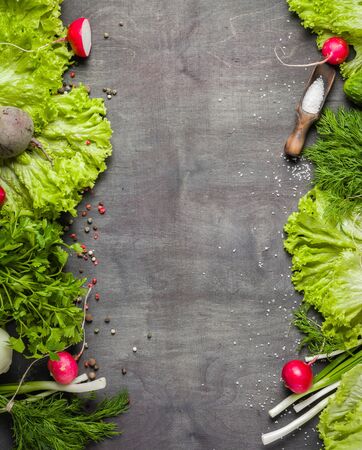 Variety of vegetables on a black wooden table. Spring still life. View from above.の写真素材