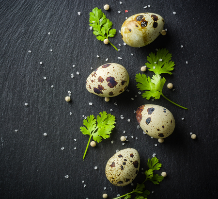 Quail eggs on the table. Spotted shell. Vitamin breakfast. View from above.の写真素材