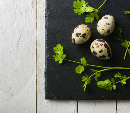 Quail eggs on the table. Spotted shell. Vitamin breakfast. View from above.の写真素材