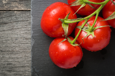 Branch with five ripe red tomatoes. Drops of water on ripe fruits. Green leaves and trunk. Copy space.の写真素材