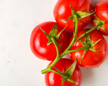 Branch with five ripe red tomatoes. Drops of water on ripe fruits. Green leaves and trunk. Copy space.の写真素材