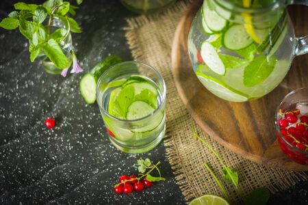 Water detox in a glass jar and a glass. Fresh green mint and berries. A refreshing and healthy drink. Copy space.の写真素材