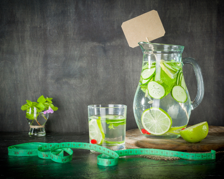 Water detox in a glass jar and a glass. Fresh green mint and berries. A refreshing and healthy drink. Copy space.の写真素材
