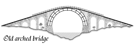 Old arched bridge made of stone and steel. Silhouette of a tall structure over a river. A black graphic drawing similar to an engraving. Black and white.のイラスト素材