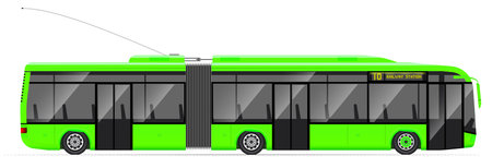Large articulated trolleybus. yellow with modern design. Side view. Translucent windows. Contact network and road.のイラスト素材