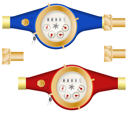 The mechanical counter of the spent water. Metal construction. Hot and cold. Saving energy and money.のイラスト素材