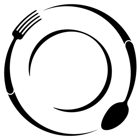 Abstract logo of a cafe or restaurant. A spoon and fork on a plate. A simple outlineのイラスト素材