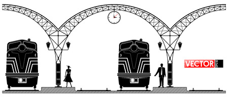 An ancient arched metal building of the railway station. People and locomotives on the platform. Black profile.のイラスト素材
