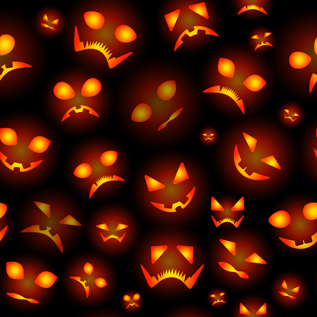 Seamless background from pumpkins for Halloween. Different emotions on faces. Orange color on black. Poster or banner for the invitation.のイラスト素材