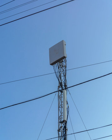 An antenna of a repeater of mobile communication on a high support. Cables and communication...