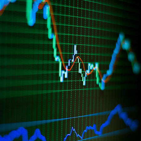 Luminous screen device with charts and quotations of the stock exchange. Finances and stock...