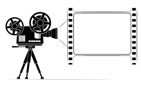 An old film projector on a tripod. Frame in the form of a film frame with perforation.の写真素材