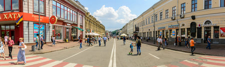 UKRAINE, KIEV - JUNE 12, 2018: Walk tourists on the pedestrian street on Podol in the historical...