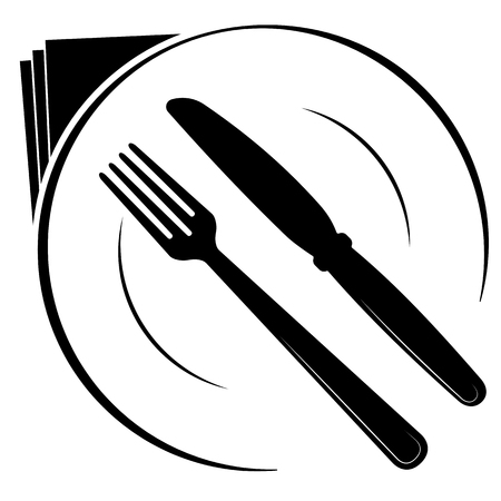 Abstract logo of a cafe or restaurant. A spoon and fork on a plate. A simple black out line.のイラスト素材