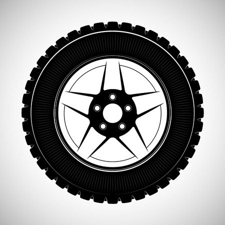 Wheels and tires are black. For a logo or emblem of a tire store or car workshop. For tire fitting.のイラスト素材