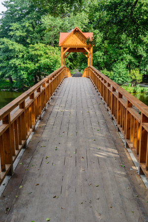 Old wooden bridge over the river with arbor. Forest River.の写真素材