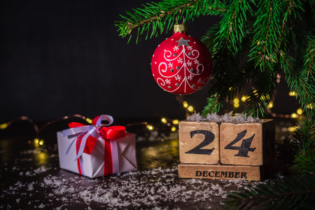 Dark christmas or new year background for greeting card or poster. Party invitation. Background for the article. Copy space.の写真素材