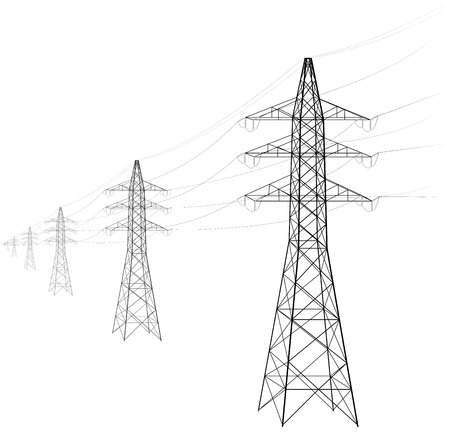 Overhead power line. A number of electro-eaves departing into the distance. Transmission and supply of electricity. Procurement for an article on the cost of electricity or construction of lines. Black and white.のイラスト素材