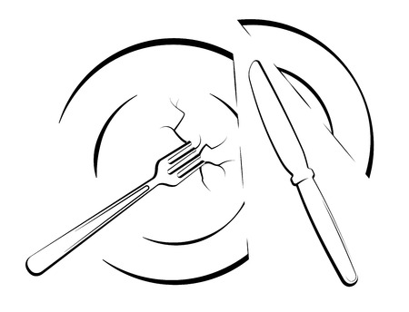Abstract image or logo with a cut plate, knife and fork. For an article about losing weight, diet or poverty. Black and white sign.のイラスト素材